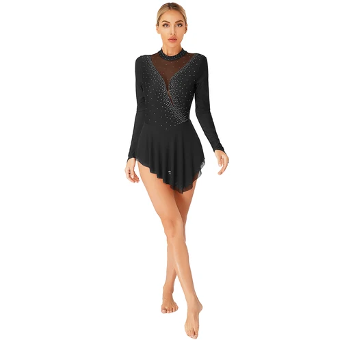 Imagen 2 del producto Vestido de patinaje artístico para mujer, danza lírica, Ballet, gimnasia, acrobacias, leotardo, tutú, manga larga, vestido de malla transparente con diamantes de imitación brillantes
