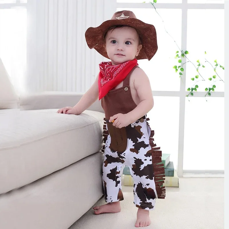 

2024 Summer Baby Boys Cowboy Costume Toddler Halloween Cosplay Outfit Infant Carnival Party Playsuits Romper Overall 1-4 Years