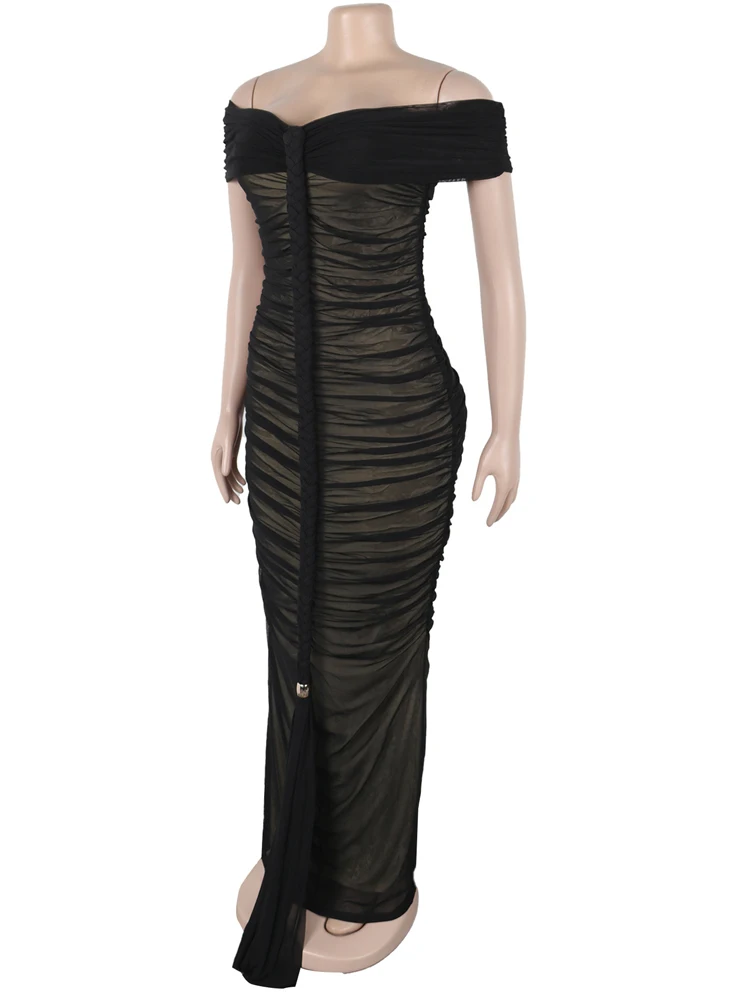 Kricesseen Robe longue froncée en maille transparente pour femme - Robe de soirée élégante plissée sans bretelles - Tenue de festival - Clubwear