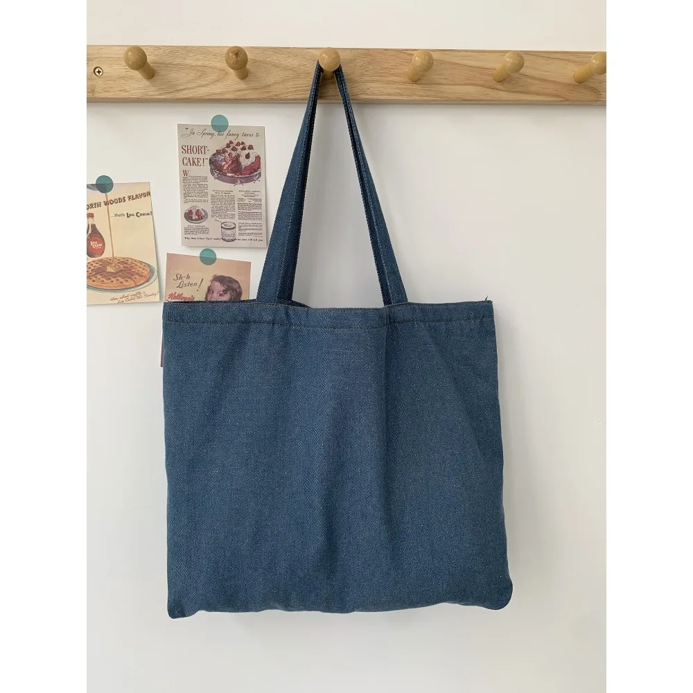 Solid Color Simple Women's Shoulder Bag Large Capacity Portable Ladies Shopping Bag Retro Denim College Girls Book Tote Handbags