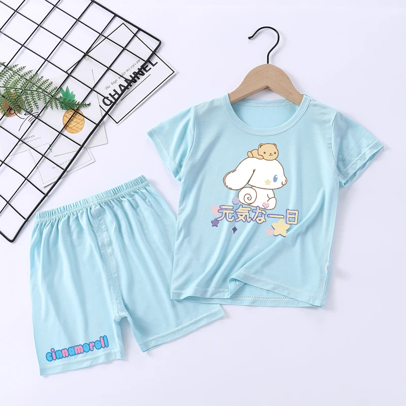 

Короткий пижамный комплект Sanrio, футболка с принтом Cinnamoroll, шорты, костюм из двух предметов для мальчиков, летняя повседневная дышащая домашняя одежда, подарки, новинка