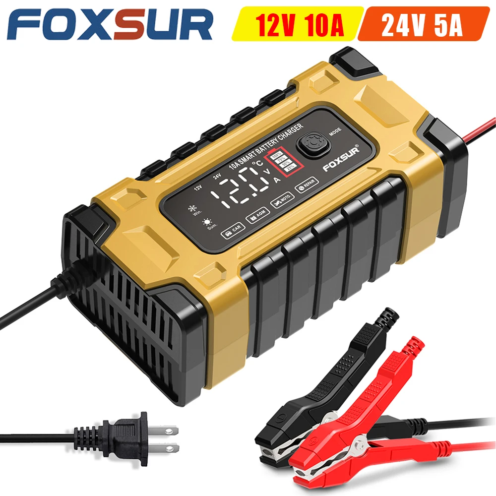 FOXSUR Smart Battery Charger 12V 24V for Cars Motorcycle of Lead Acid AGM LiFePo4 Batteries, Automotive Battery Repair Charging