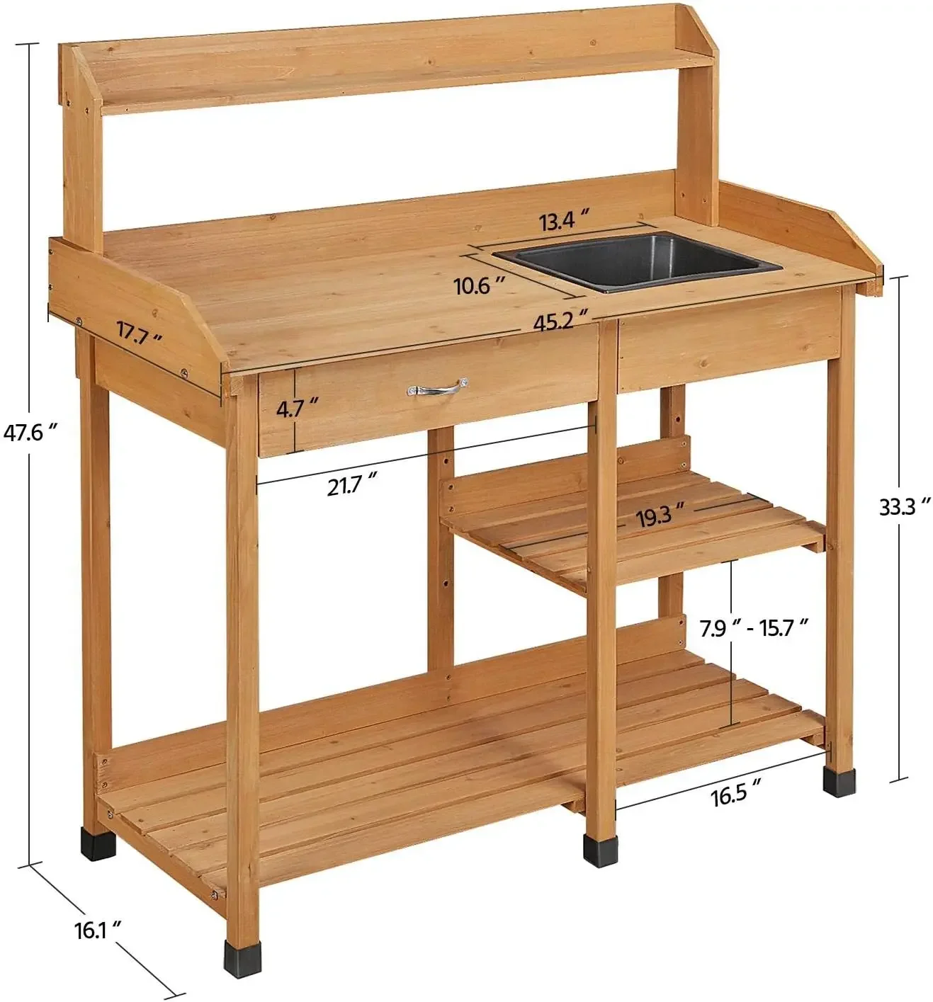 Topeakmart 45.2x17.7x47.6'' (LxWxH) Potting Benches Outdoor Garden Potting Table Work Bench with Removable Sink Drawer