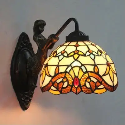 

Stained Glass Lampshade Tiffany Mermaid Wall Lamp Vintage Home Bedroom Bedside Decor Lighting Sconce E27 90-260V