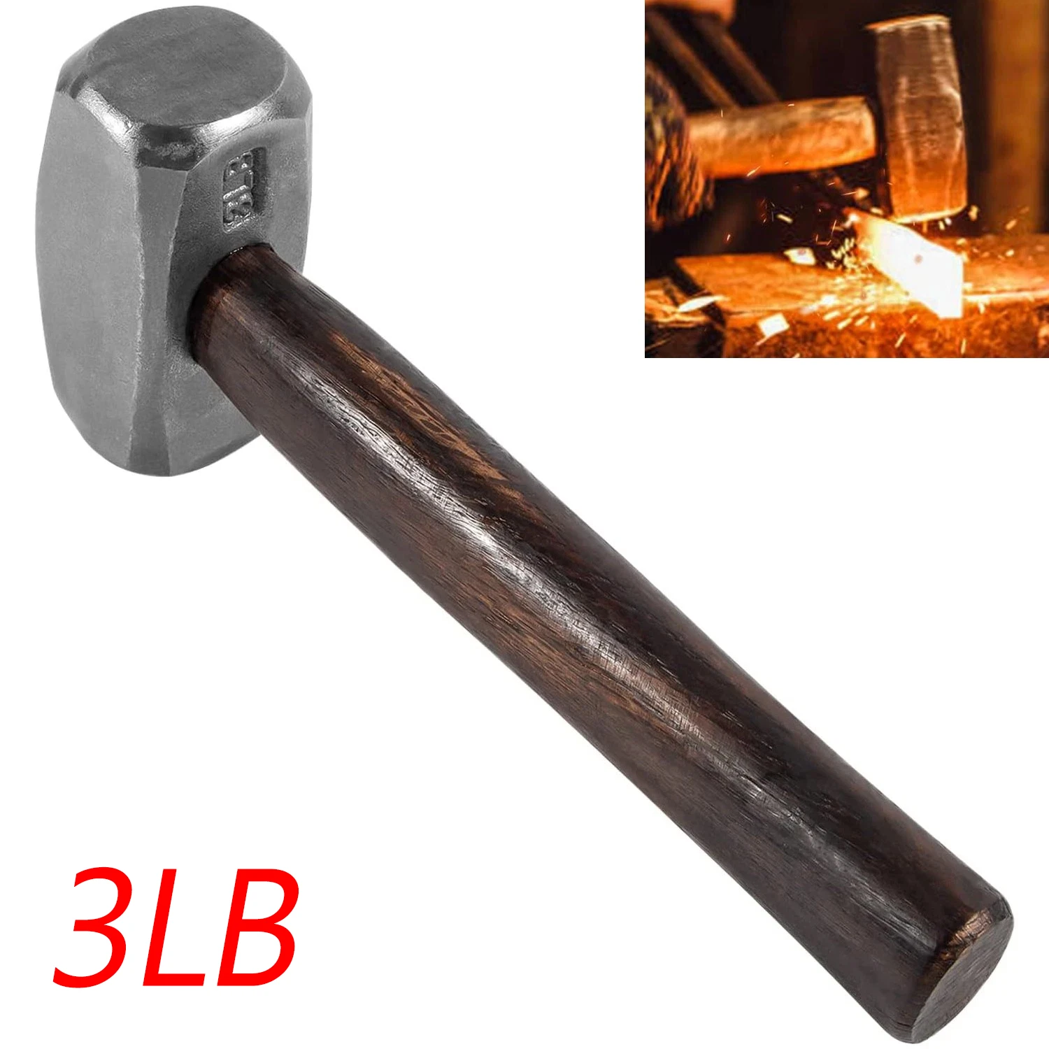 Martillo de forja de 3 lb para herrero, ingeniero de forja, martillo corto para taladrar, hecho a mano, para fabricación de cuchillos, trabajo en metal, forja, herramienta de herrador