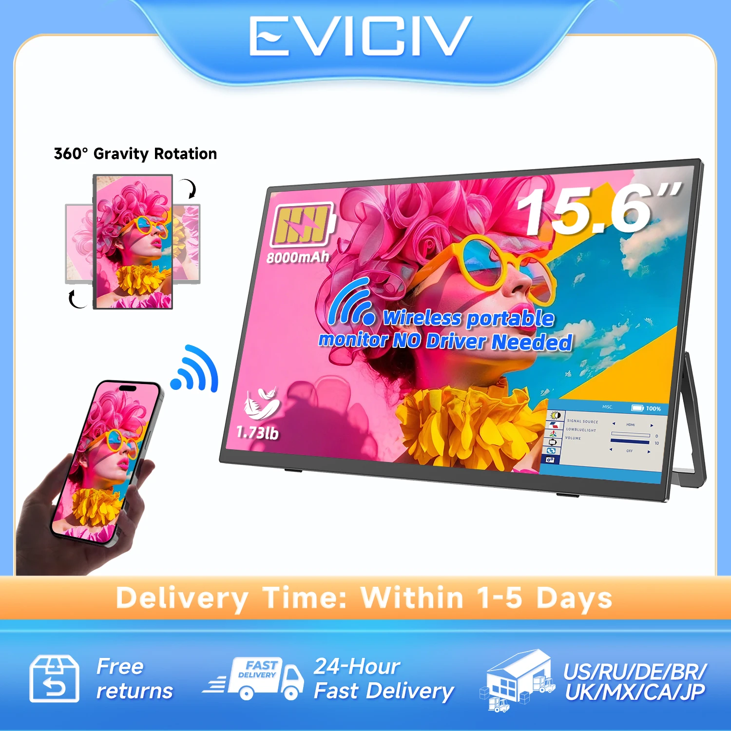 Monitor Portátil Sem Fio Eviciv 15.6\" com Suporte a Wi-Fi e Bateria de 8000 mAh – Tela Externa para Laptop, Celular, PC, Xbox, Switch (Extensão)