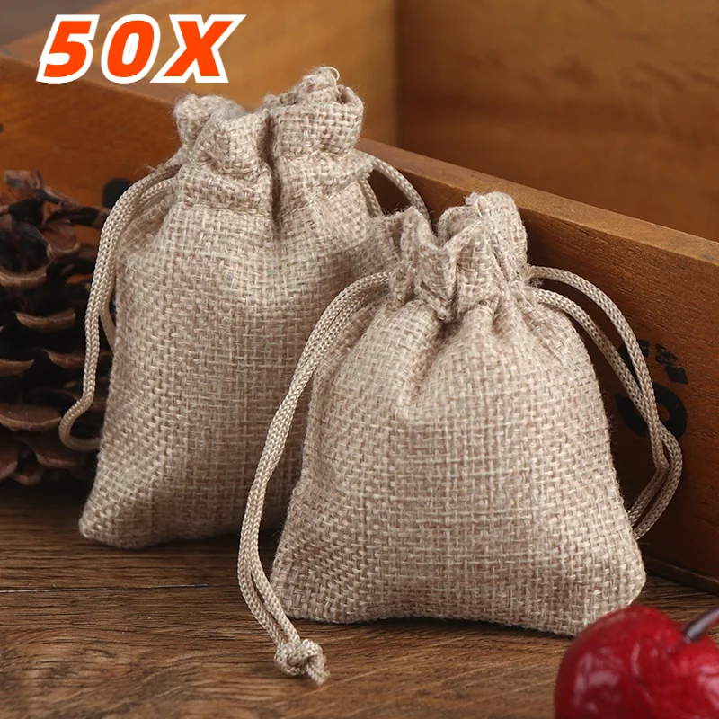 50PCS 13X18/10X15/9X12/7X9CM Drawstring Burlap Bag Jute Gift DIY Wedding Favor Gift Bag For Packaging Candy Chocolate Jewery