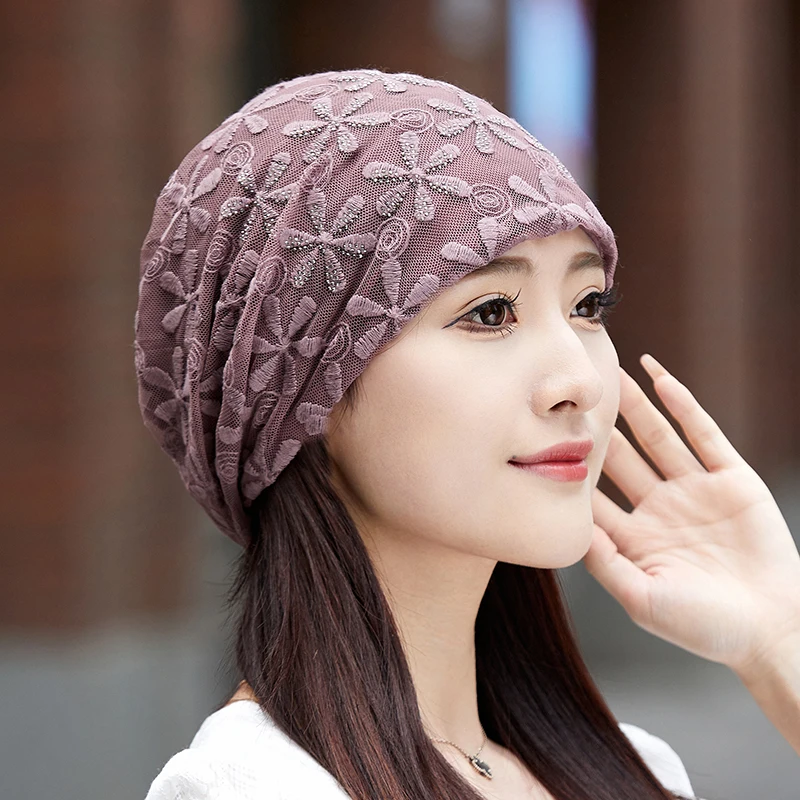 2024 Spring Summer Thin Cotton Lace Women Skullies Beanies Lady Fashion Lace Design Hats For Girl Turban Caps Chemo Cancer Hat