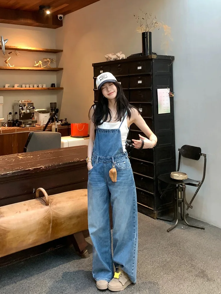 

Loose Fit American Vintage Denim Overalls Women's Spring Small Size Slimming Wide Leg High Waist Blue Jeans Overalls