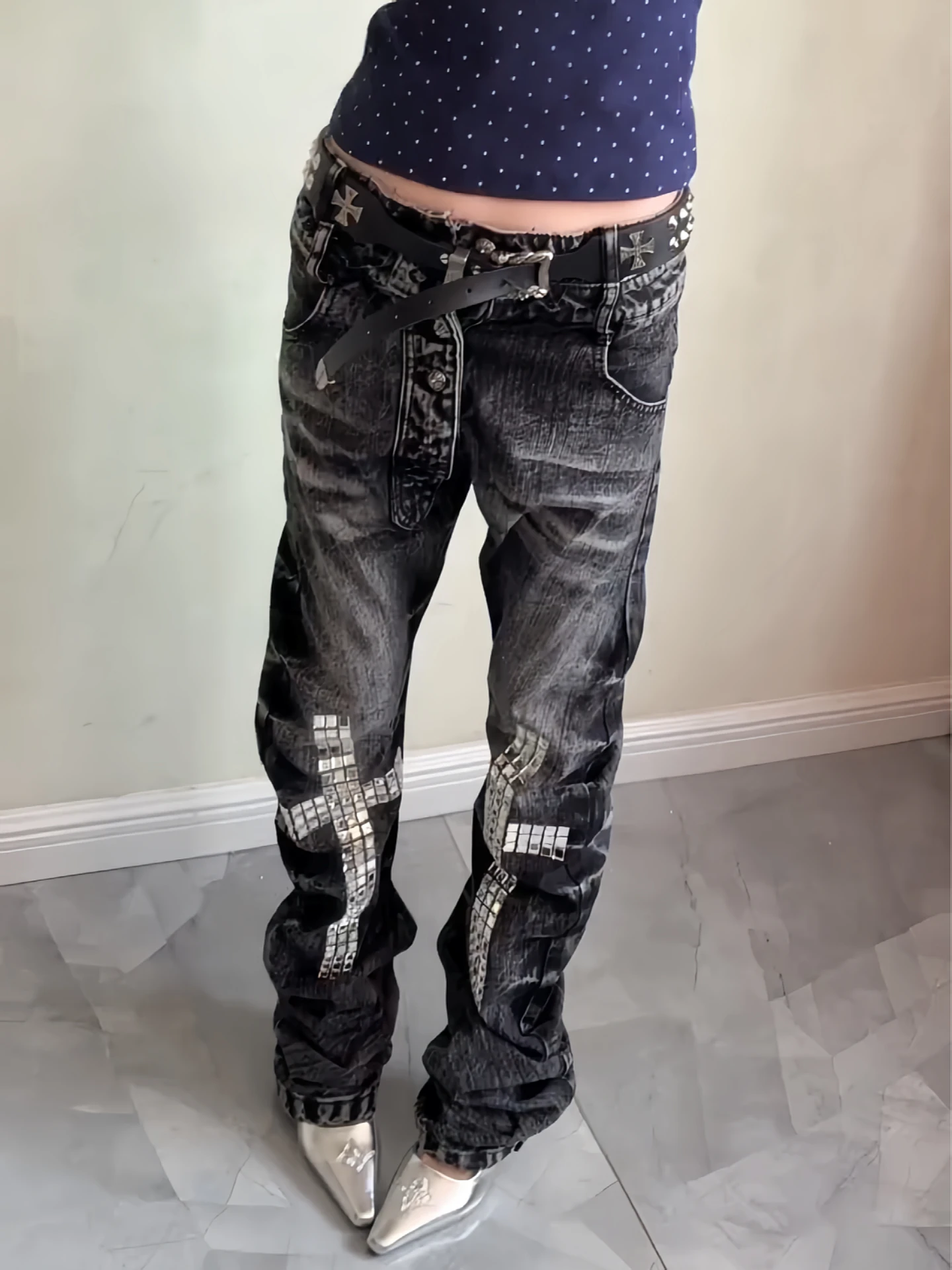 

plus Size American High Street Retro Cross Rhinestone Jeans Women's Slimming Straight Leg Long Pants Street Style Casual Jeans