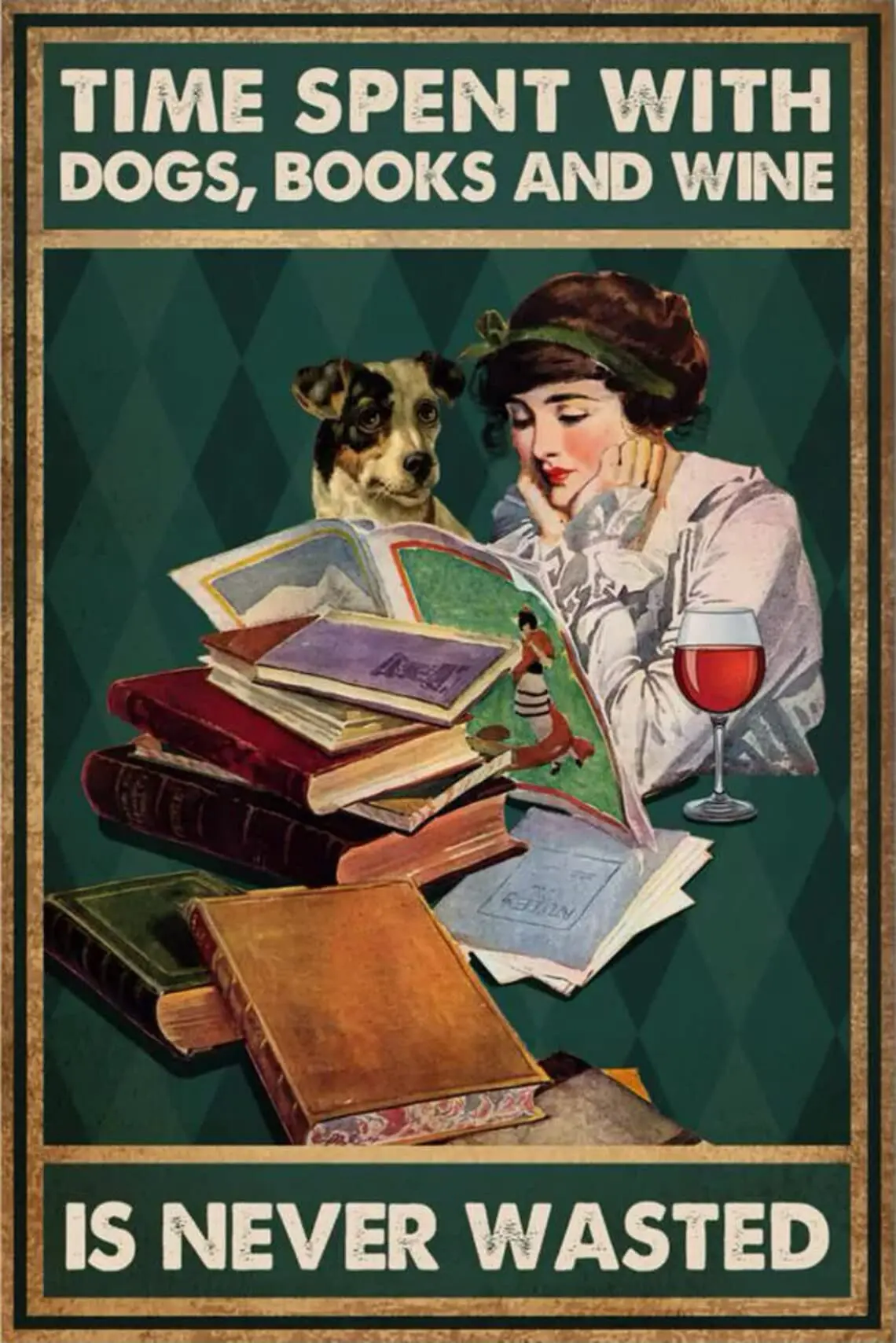 

Metal Tin Sign Time Spent with Dogs Books and Wine is Never Wasted Aluminum Vintage Sign Retro for Home Dorm Garden Office Wall