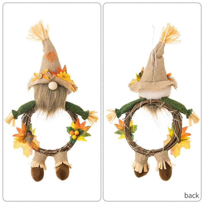 Couronne d'Automne Artificielle pour Porte d'Entrée, Gnome en Peluche, Feuilles d'Érable de Tournesol, Récolte Faite à la Main pour Décor de Thanksgivings