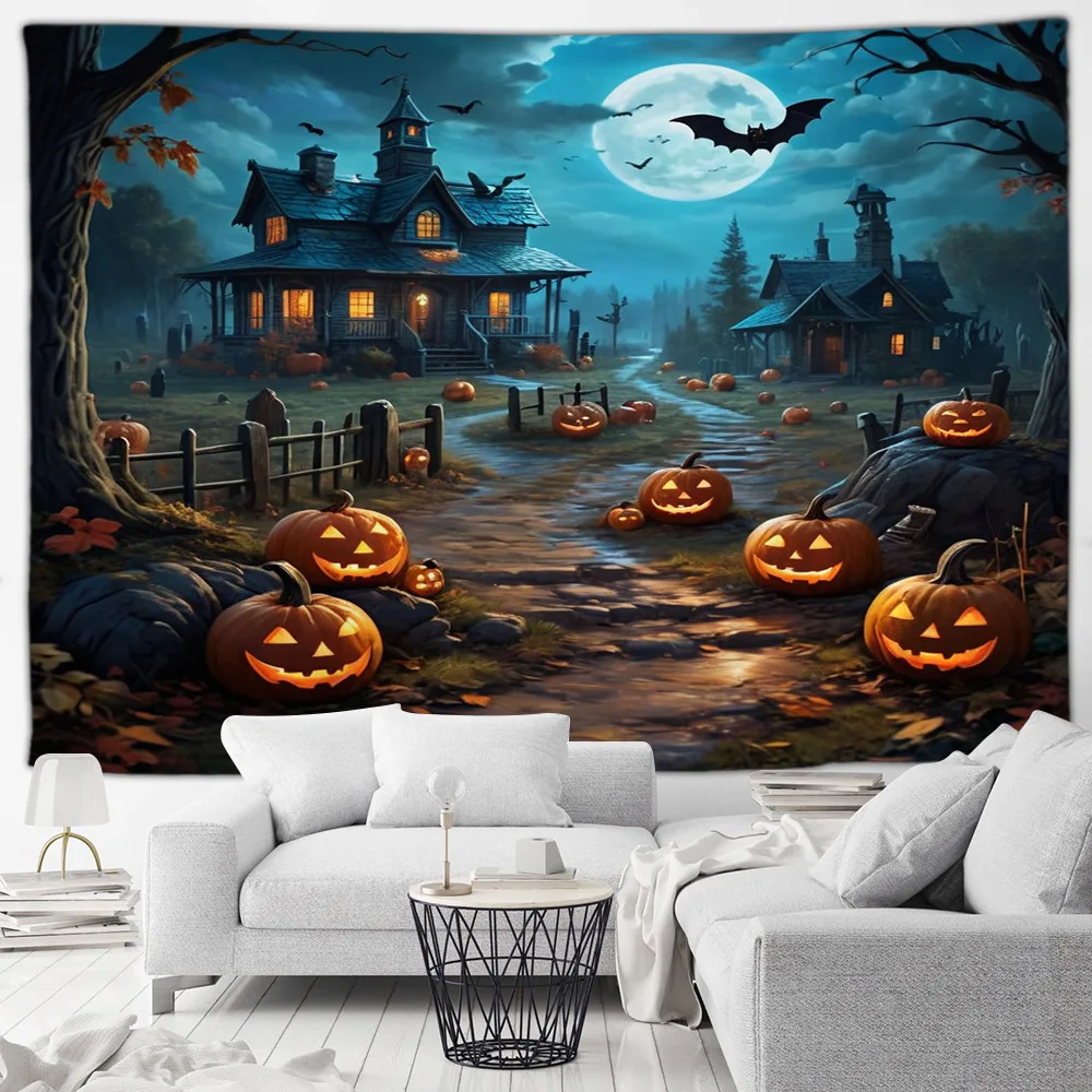 Halloween Night Landscape Tapestry Funny Pumpkin Lights Castle City Scenery Wall Hanging Home Living Room Bedroom Decor Tapestry