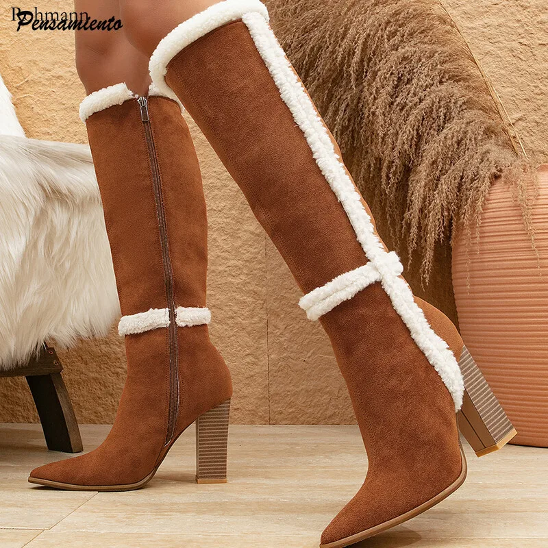 

Fashion Faux Suede Brown Patchwork Women Knee Boots Autumn Winter Pointed Toe Thick High Heels Warm Long Shoes