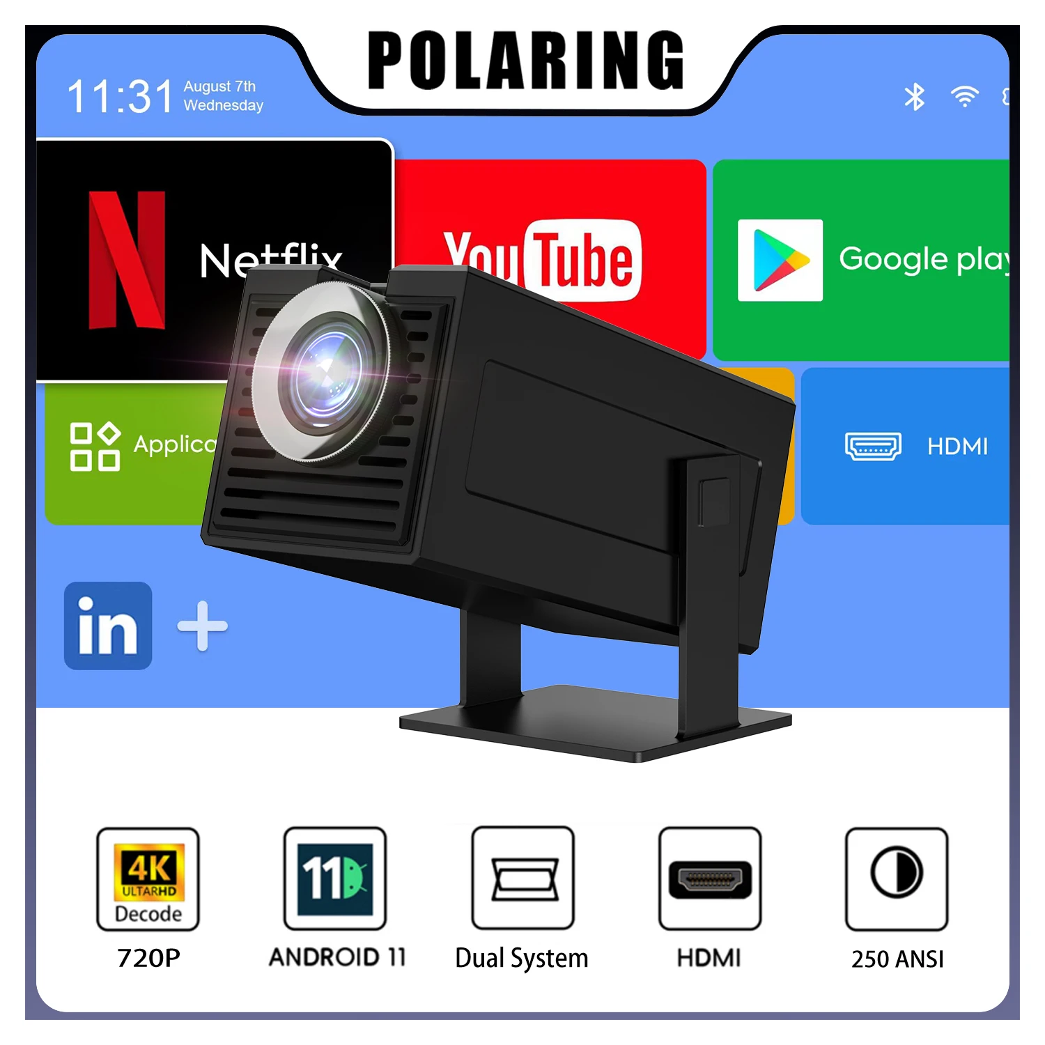 

Polaring P50Mini Android Projector 5G Wifi BT 350Ansi Cinema Home Keystone HDMI Proyector 1080P 4K projector