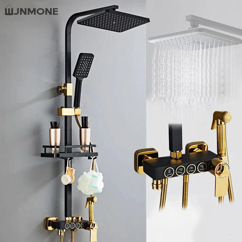 Imagem -02 - Conjunto de Chuveiro de Banheiro Black Gold Rain Shower Faucet Termostática Digital Display Shower Mixer Torneiras Sistemas de Chuveiro de Cobre para Banho