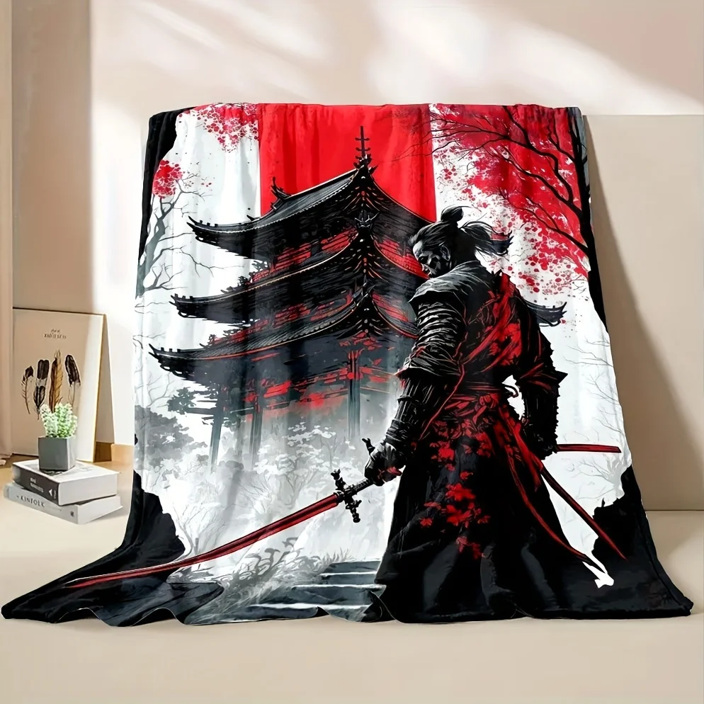 Japanese Samurai Spirit Soft Flannel Throw Blanket Versatile All-Season Comfort Cartoon Print Easy-Care for Bed Sofa Camping
