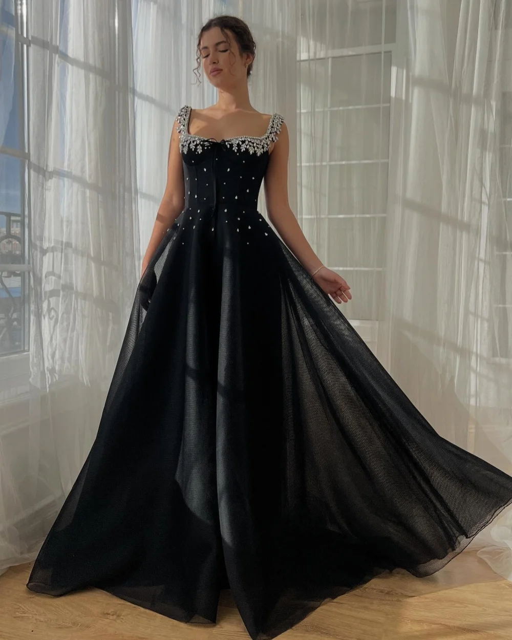 

Customized Formal Fashion Tulle Rhinestone Pleat A-line Off-the-shoulder Long Dresses Bespoke Occasion Dresses Sizes Available