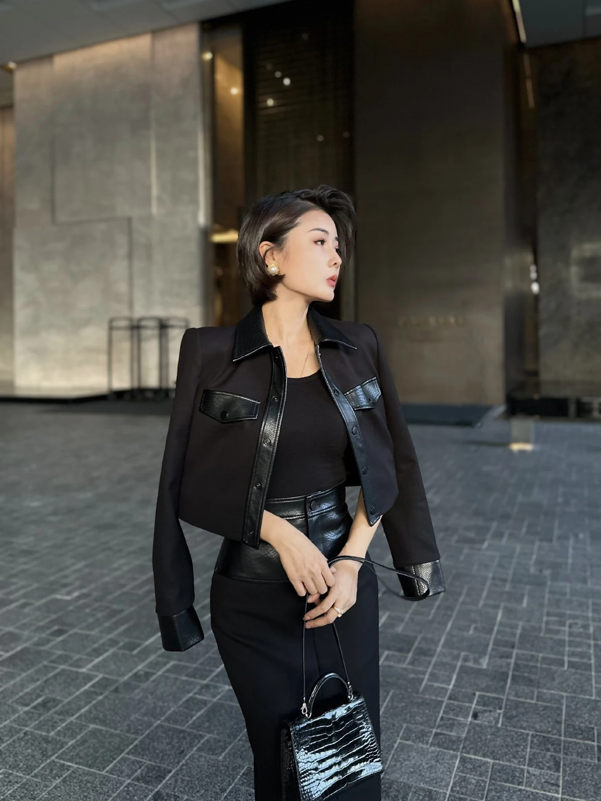 Original XULU Plant Protein Leather ort Jaet High Waist Bodycon Split Skirt Two Piece Set Women's Faion Winter Outfit
