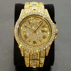 Homens Diamante Hip Hop Ouro Quartz Watch, Luxo, Dia, Data, Relógios, Iced Out, Jóias Brilhantes, Moda, Best Selling