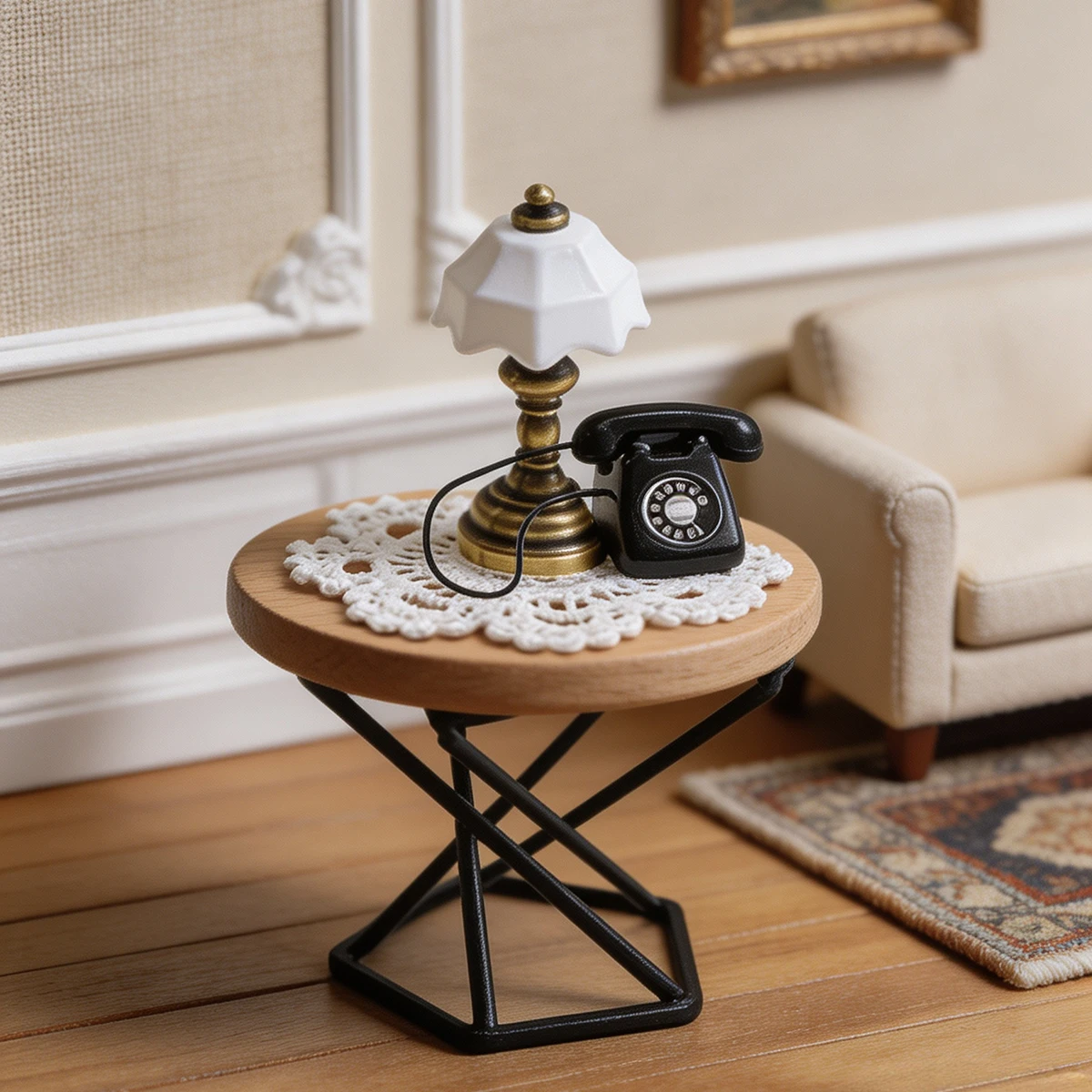 Dollhouse Furniture Mini Round Coffee Table Set, Vase, Vintage Telephone, Table Lamp, DIY Miniature Scene Model House Accessorie