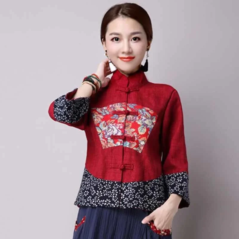 

Women Hanfu Jacket Slim Ethnic Style Stand Collar Blouse Cotton Linen Print Female Tang Suit Coat New Traditional Chinese Tops