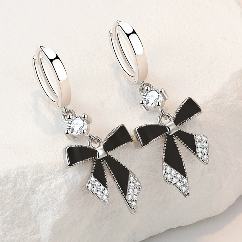 Black Bow Earrings Long Style Versatile Ear Buckle Light Luxury High-end 925 Silver Jewelry For Women Party Accessories KOFSAC