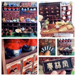 1:12 Doll House Wooden Chinese Medicine Cabinet Medicine Bag Abacus Abrasives Chinese Medicine Shop Miniature Scene Decoration