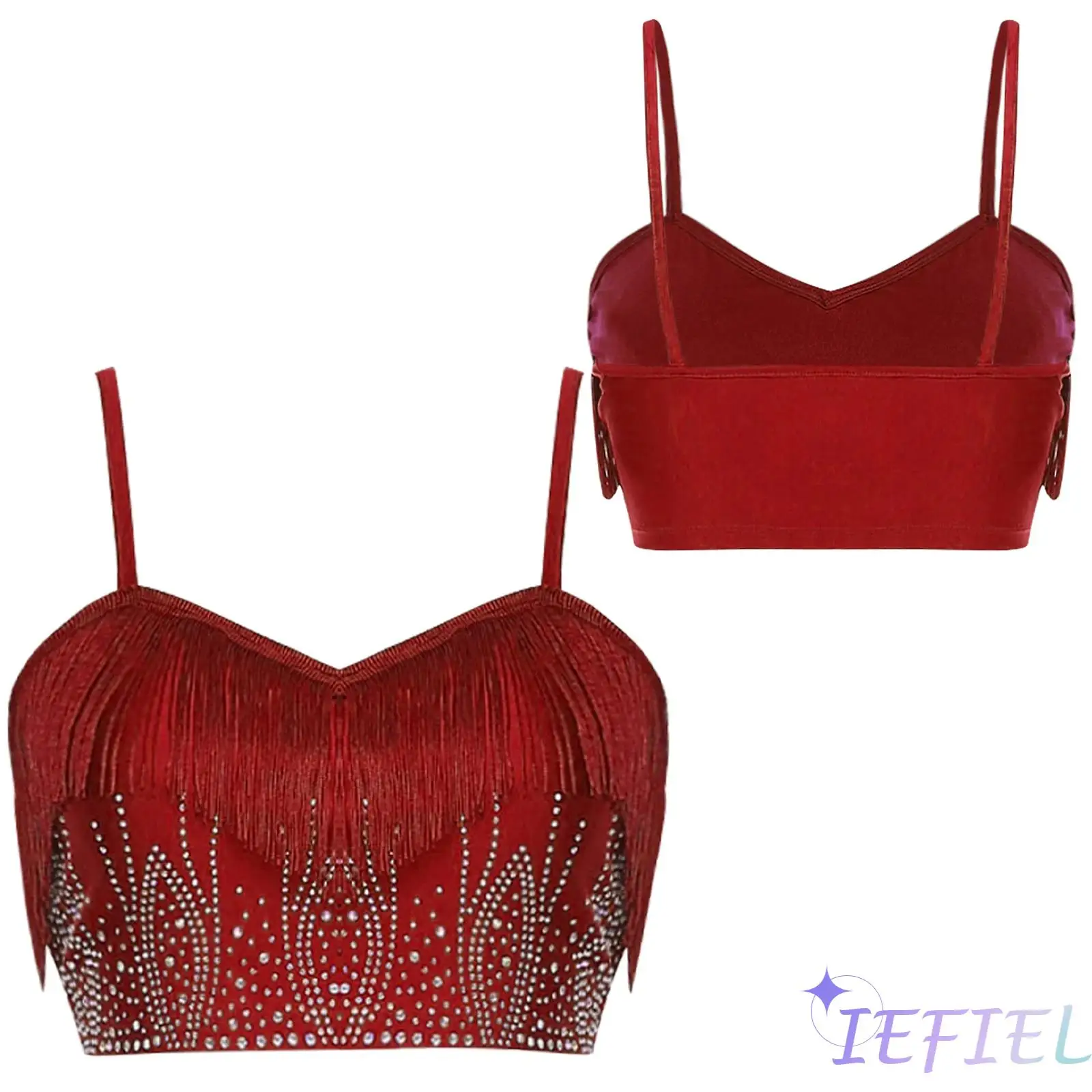 

Womens Lyrical Dance Tops Tassel Latin Crop Top Glittery Rhinestone Jazz Camisole for Belly Dance Modern Dance Stage Performance