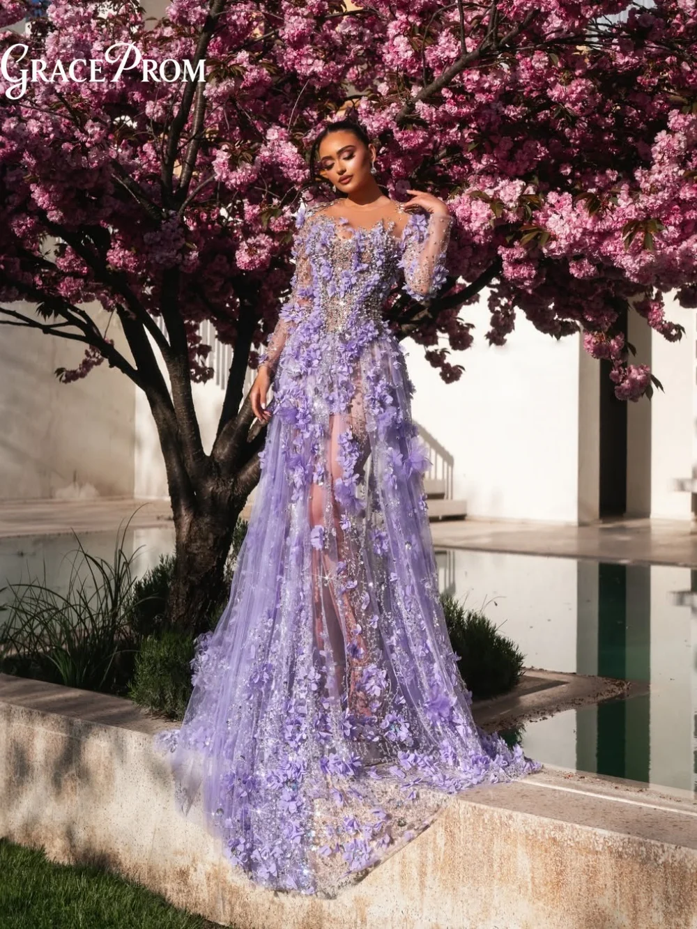 

Elegant Lavender Sparkly Party Dress Sparkly 3D Floral Appliques Long Sleeve Sheer Evening Gown For Wedding Guests فساتين سهرة