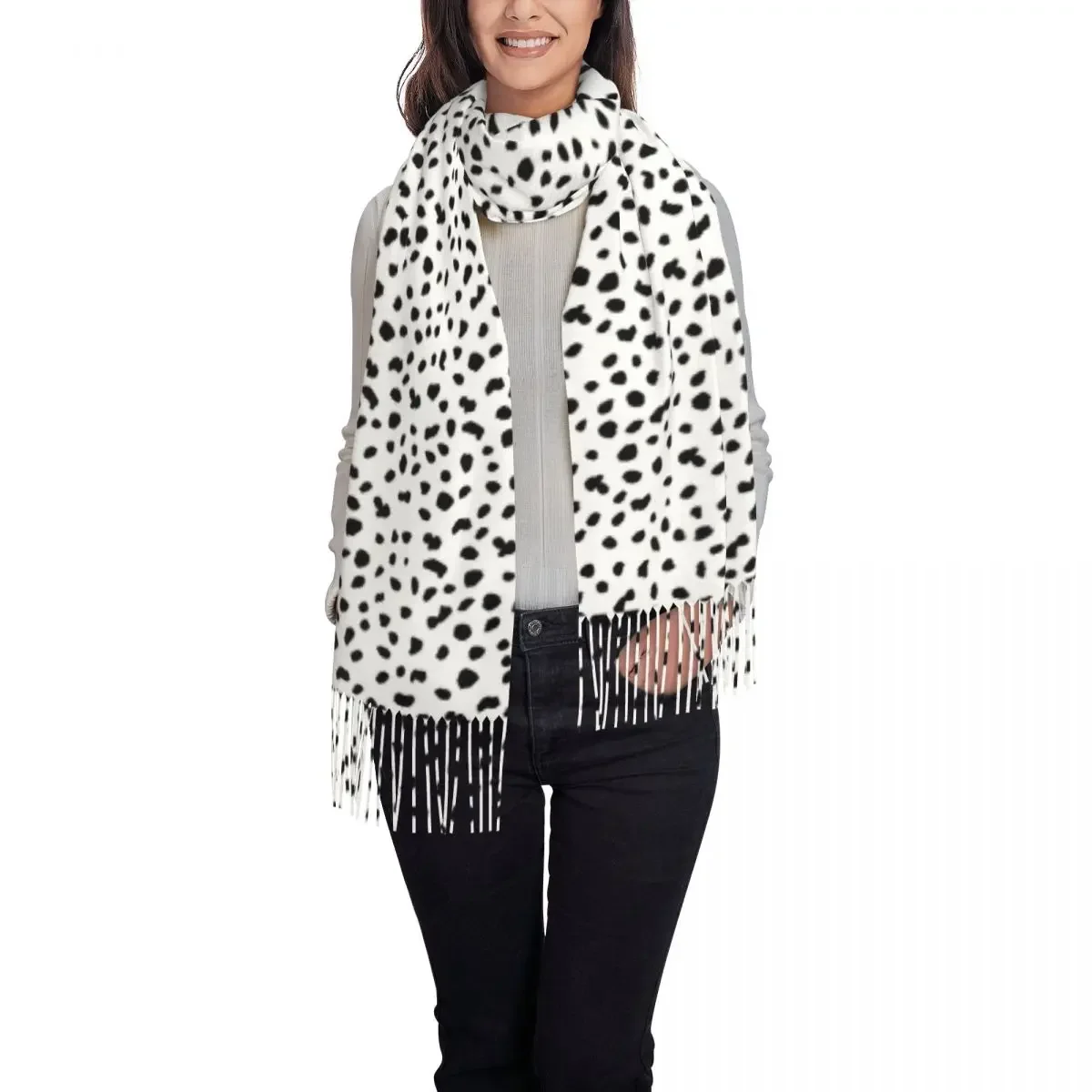 Dalmatian Dog Print Scarf Black and White Warm Soft Shawl Wrap with Tassel Women Retro Large Scarves Winter Design Bufanda Mujer