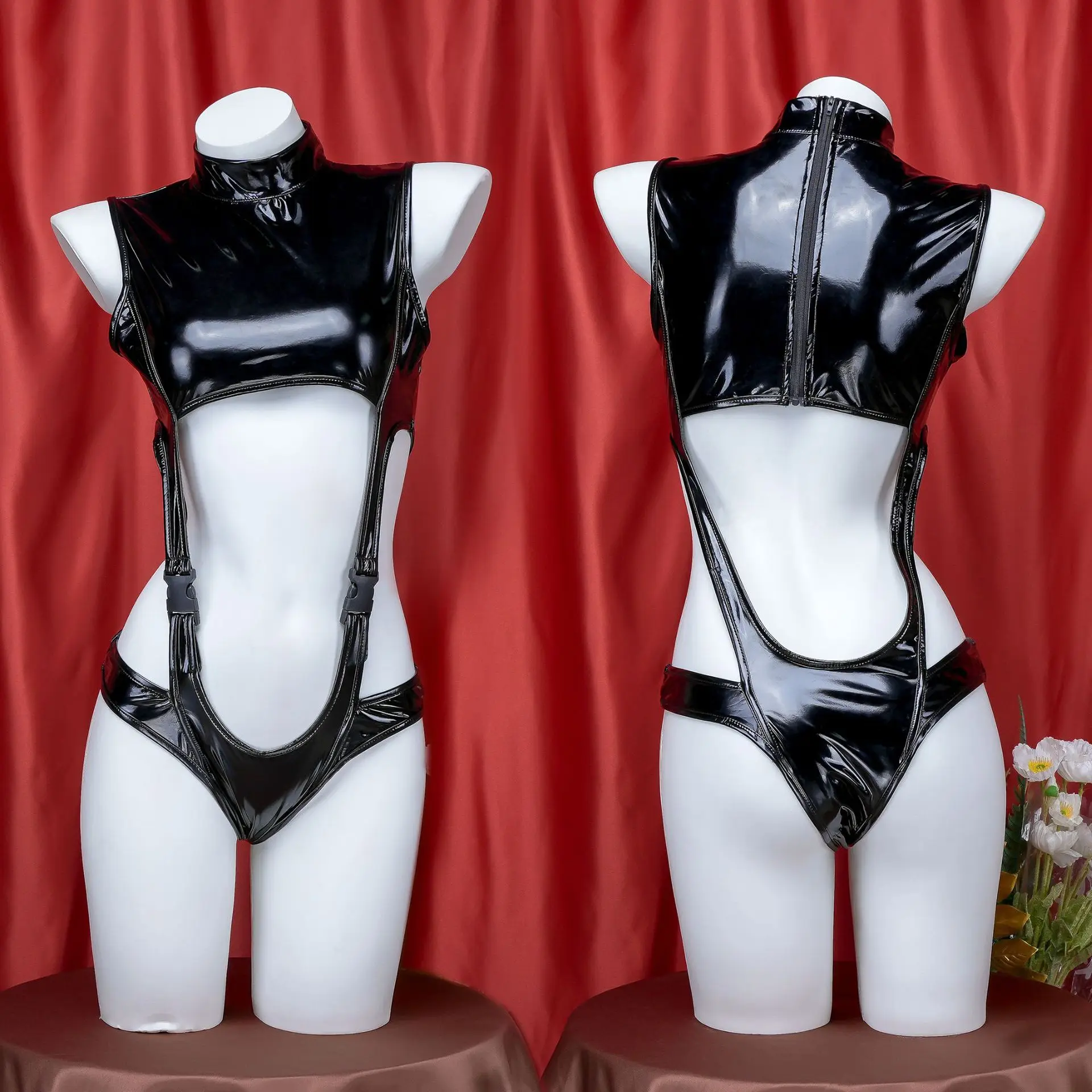 Small Patent Leather Jumpsuits Hollow Out Underwear Sets Three point style School Cosplay Costume Girls Uniform Bikini