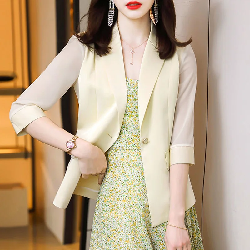 2024 New Summer Commuting Simple and Fashionable Style Flip Collar Solid Color Mesh Panel Three Quarter Suit Coat for Women