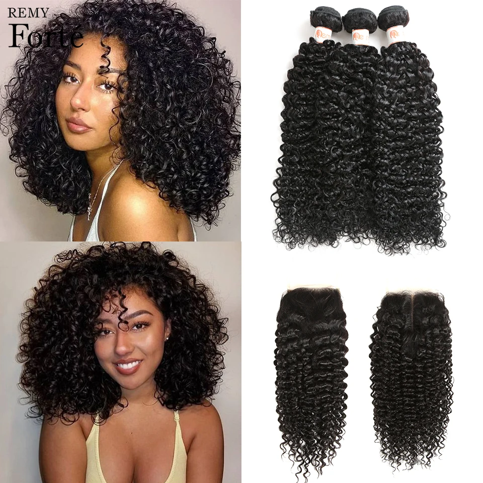 Remy Forte Curly Bundles com Fechamento, Weave de Cabelo Brasileiro, Kinky Curly Bundles, Fast EUA, 10-30 em, 3, 4