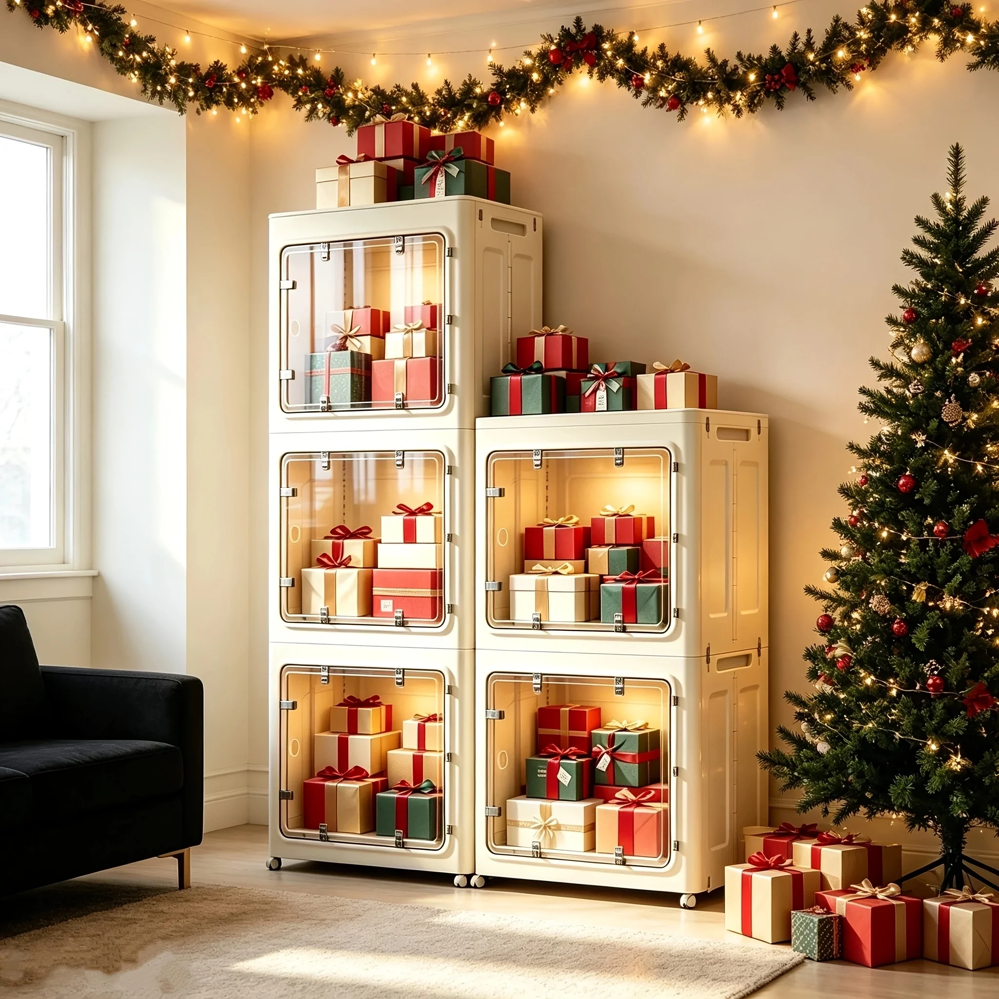 Standing Shelf Units, Large Capacity Foldable Storage Box With 360° White Casters, Stackable Plastic Storage Bin With Transparent Door & Lid, Multi-Purpose Home Organizer For Clothes, Holiday Ornaments, Bedroom, Closet, Living Room