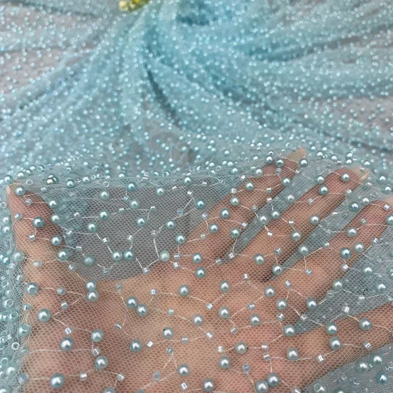 

1yard Pearl Mesh Fabric Round Bead Tube Embroidery Fabric High-End Wedding Dress Skirt DIY Sewing Fabric Tulle Cloth 125cm Width