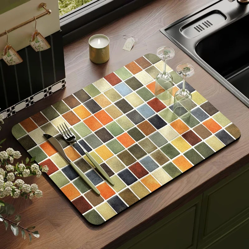 VIKAMA Kitchen Drain Mat Blue White Vintage Tile Mosaic Print Non Slip Absorbent Washable Durable Easy Clean Waterproof Soft