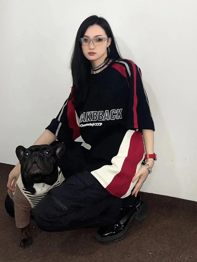 New Vintage Oversized Graphic T Shirts Women Y2k Streetwear Patchwork Short Sleeve Tees Female Casual Sporty Black Couple Tops