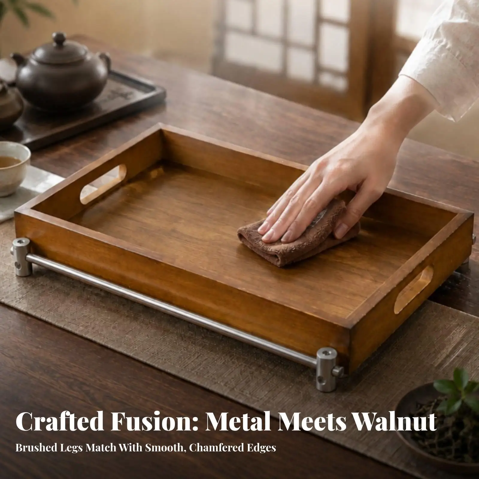 Sturdy Wooden Serving Tray with Handles | Space-Saving Low-Profile Design, Wooden Serving Tray with Metal Frame, for Tabletop