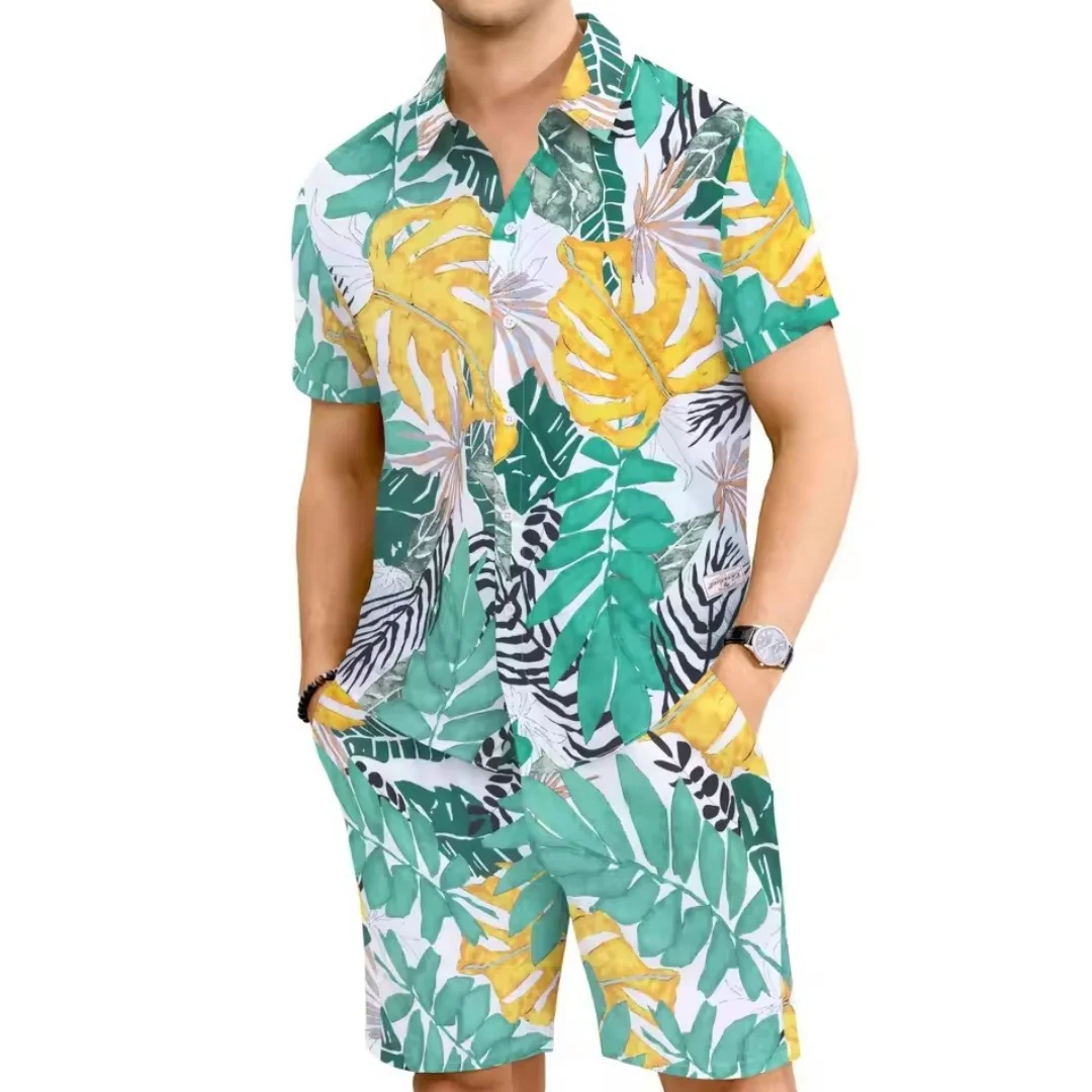 

New Hawaii Men's Short Sleeve Shirt Set Summer Fashion Men's Pool Party Short Sleeve Street Men's Casual Shorts Two Piece Set