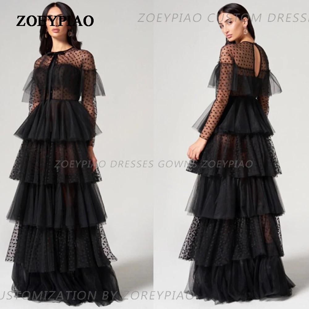 

Vintage Black Polka Dots Tiered Prom Dresses Full Sleeve A Line Formal Evening Dress O Neck See Through Prom Party Gowns