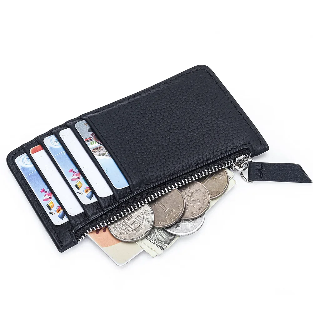 Genuine Leather Zipper Wallet Case For Credit Card ID Card Holder Quadrangular Stitching Storage Money Clip Zero Money Bag Purse