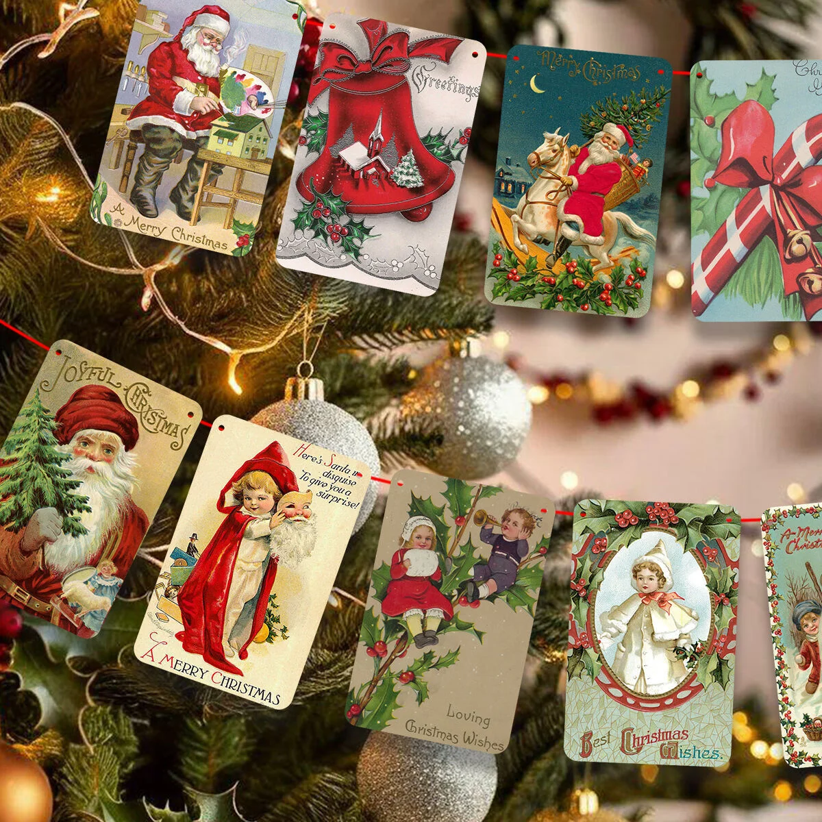1Zestaw świątecznych wiszący banerów Vintage Carton Santa Claus Deer Paper Banners For Xmas Home Party Decorations Noel Gifts Supply