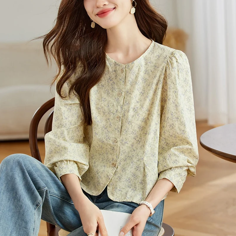 

Pure Cotton Floral Print Long Sve round Ne irt Women's Spring Faion Countryside Sle Top Small Sweet Cotton Blouse