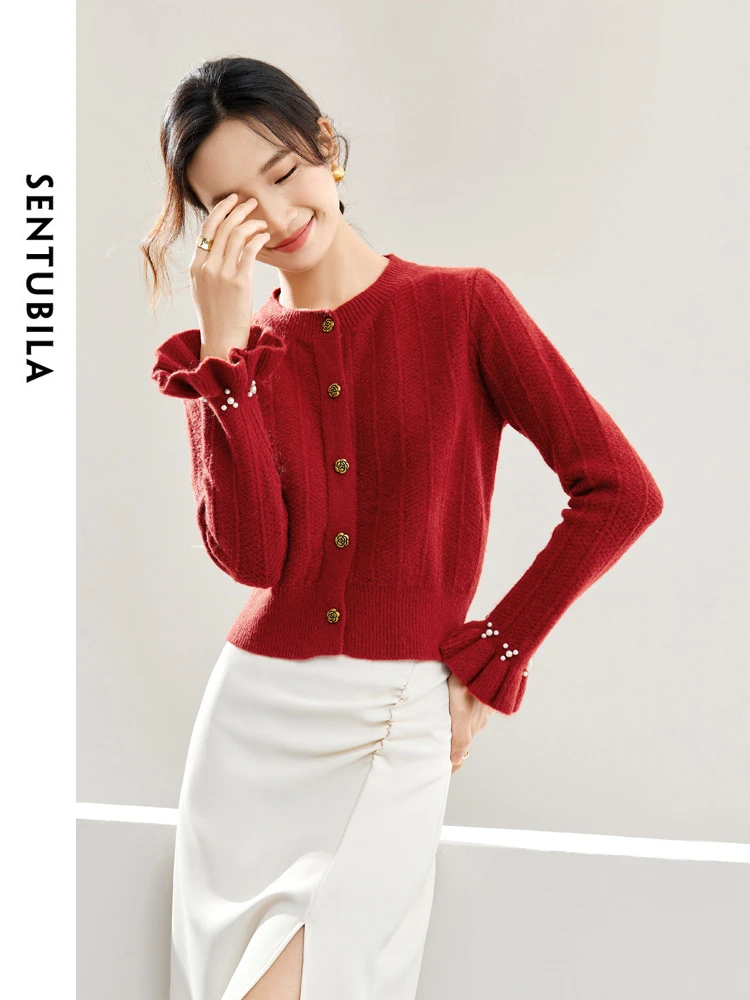 

SENTUBILA Cardigan for Women 2025 Autumn Elegant Crew Neck Butterfly Sleeve Knitted Cropped Sweater Coat Commute Daily W41E53509