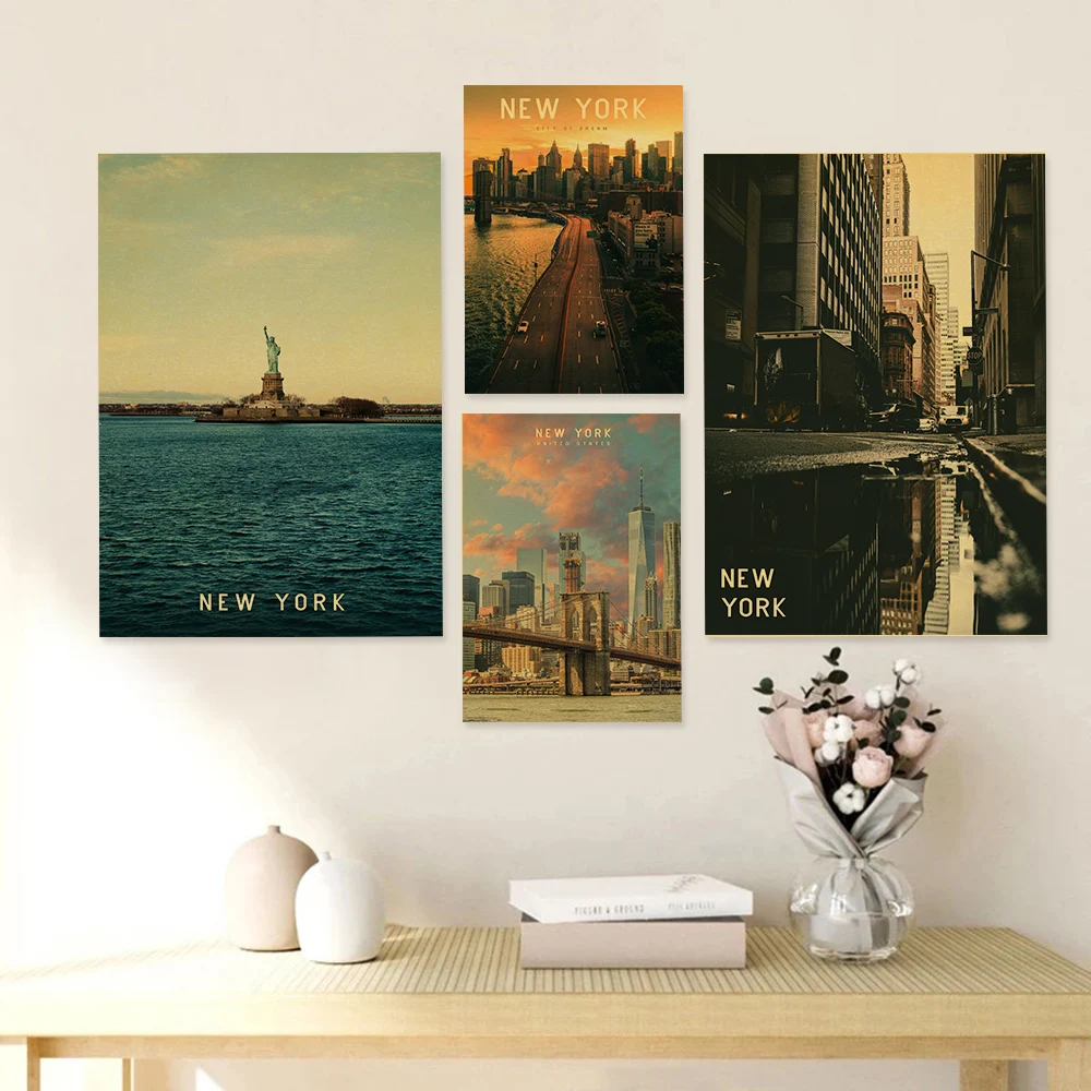 Modern Urban Architecture New York City Retro Kraft Paper Busy Traffic Art Printing and Posters Living Room Home Wall Decoration