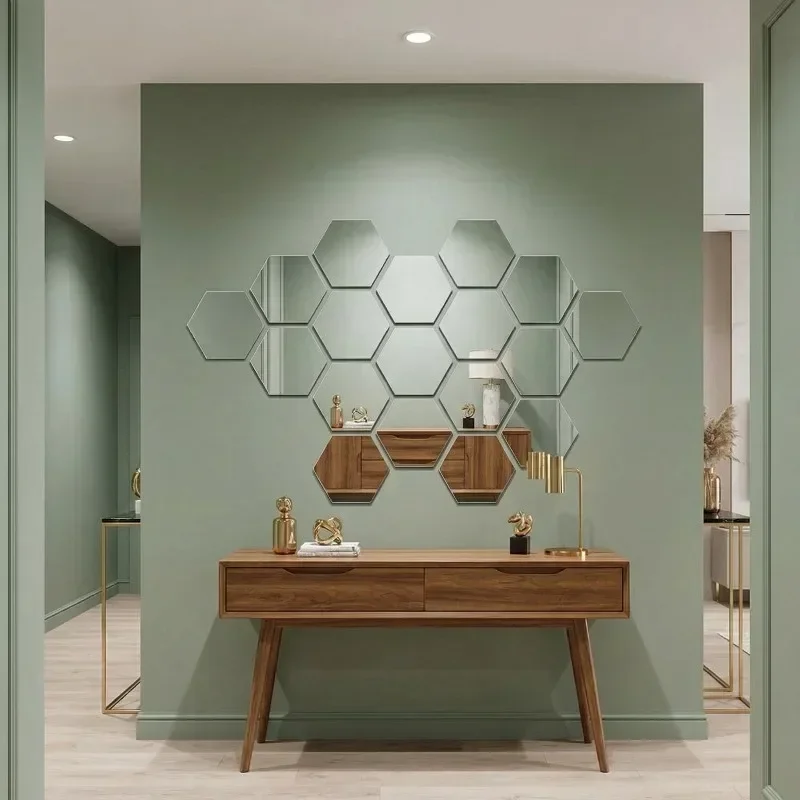 Hot Sell Hexagon Mirror Stickers 12PCS Self-adhesive Mini Wall Decals Solid Home Bedroom Art Decoration Gold Silver Black Red Re