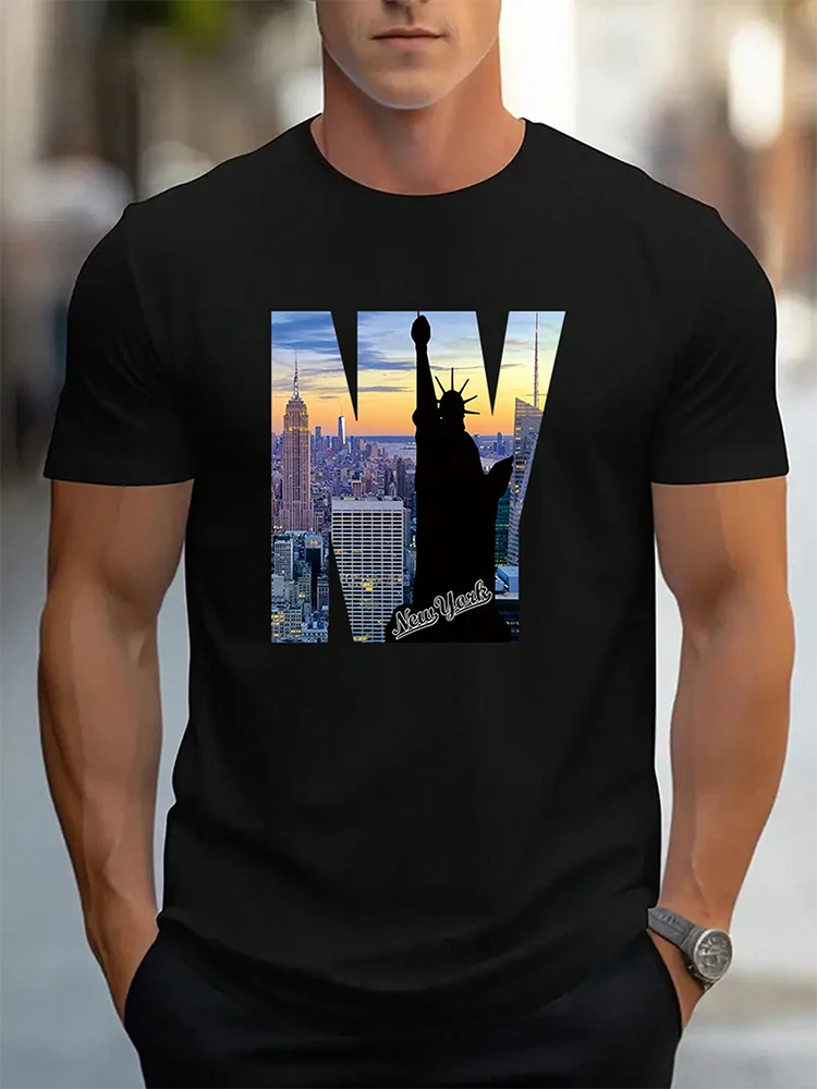 Men's Summer Oversized Large Size New York Print Short-Sleeve T-Shirt Casual Slim-Fit Crew Neck Short-Sleeve T-Shirt Top