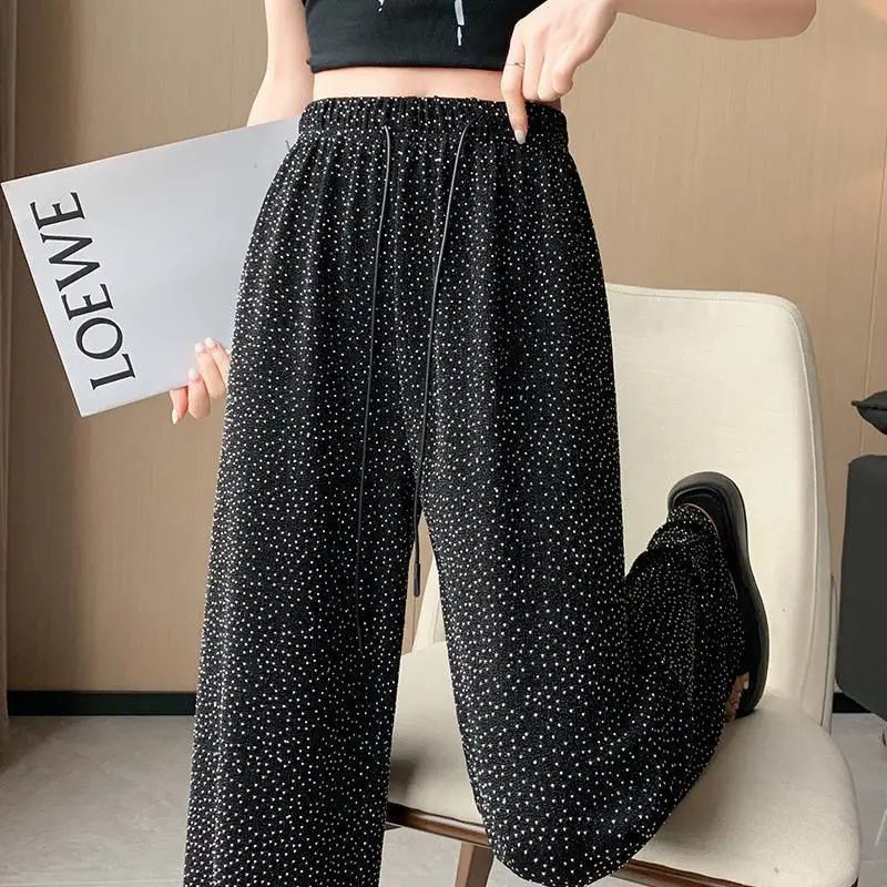 2024Summer Women's Casual Fashion Elegant Commuting Diamond Set High Waist Drop Concealing Flesh Loose Lazy Style Wide Leg Pants