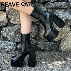 REAVE CAT Women Ankle Boots Round Toe Ultrahigh Chunky Hees 14cm Platform 4.5cm Size 47 48 Sexy Party Female Booty